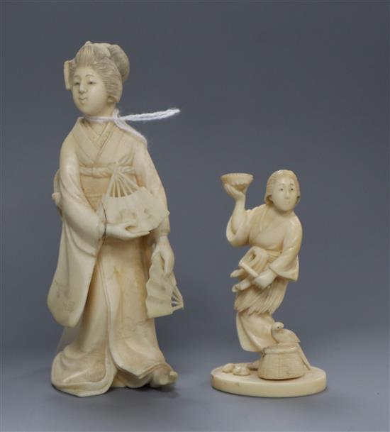 Two Japanese ivory figures of a fisherman and a bijin Meiji period tallest 12cm